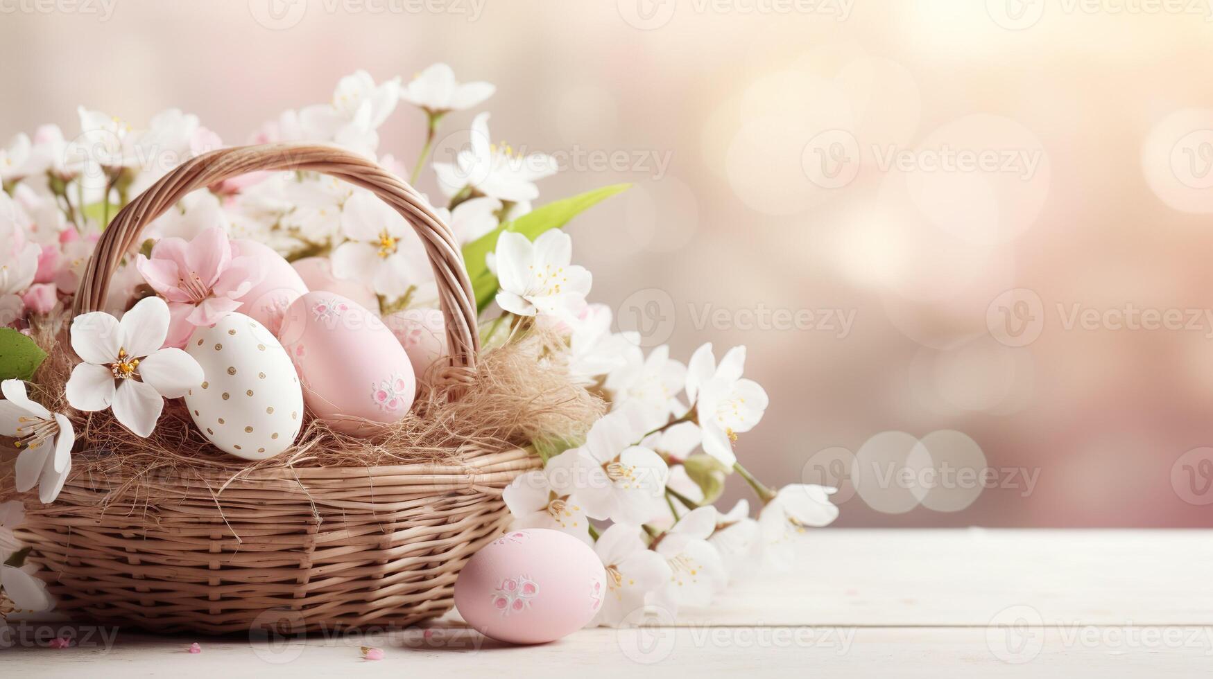AI generated Beautiful pastel color Easter eggs and flowers in a basket with copy space. Colorful spring theme background. photo