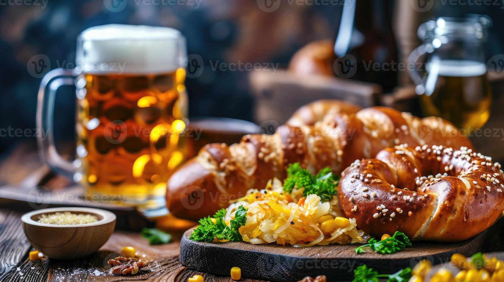 AI generated Soft pretzel and bavarian white sausage weisswurst made from minced veal and pork back bacon, mug with beer, crauti or sauerkraut, mustard. German octoberfest lunch photo
