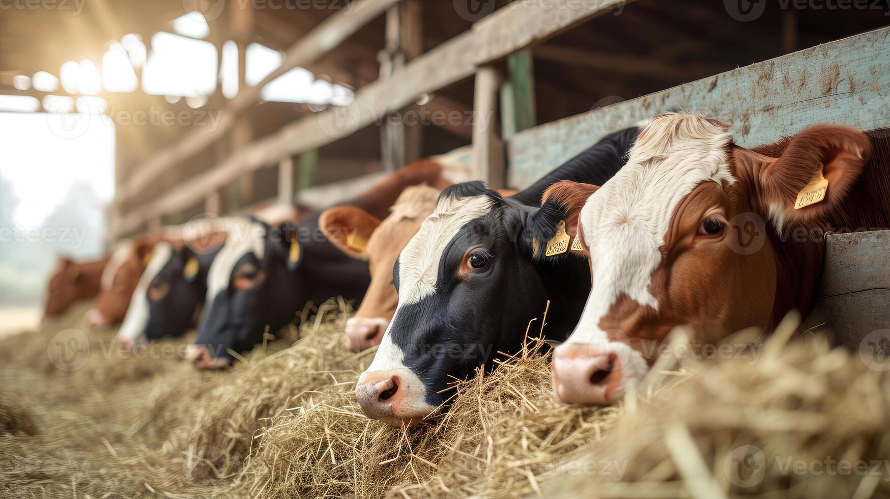 AI generated Group of cows at cowshed eating hay or fodder on dairy farm. photo