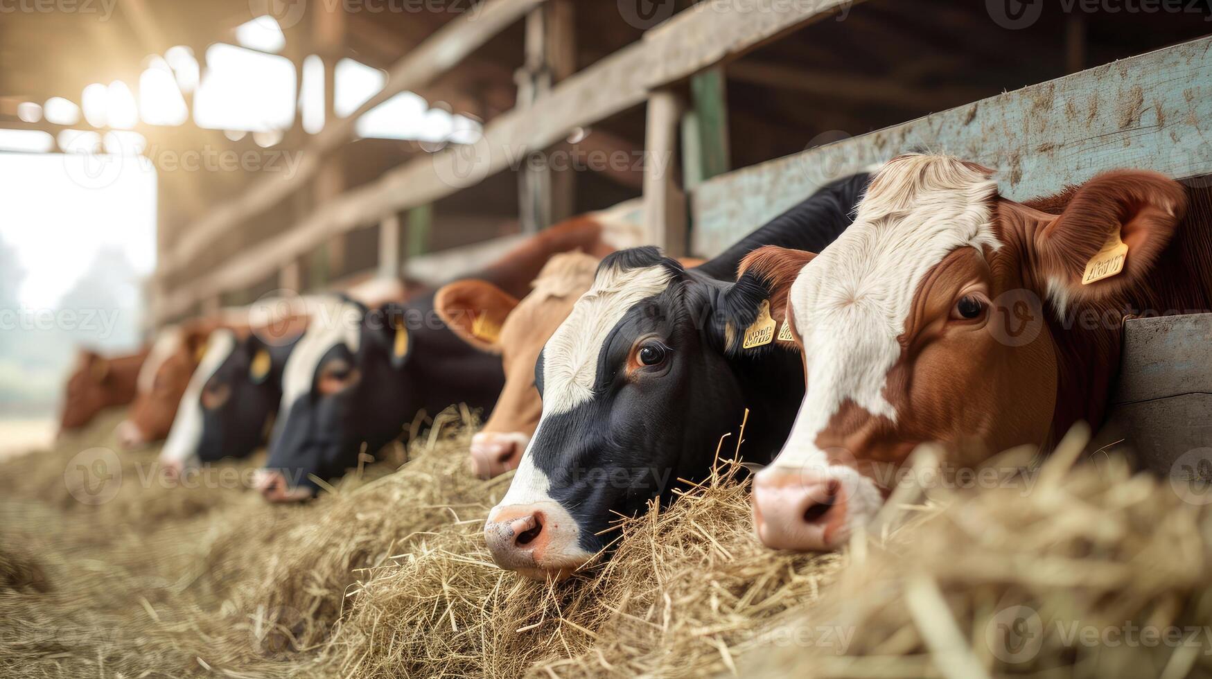 AI generated Group of cows at cowshed eating hay or fodder on dairy farm. photo