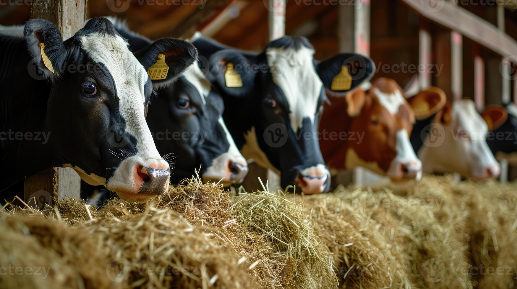 ai generado grupo de vacas a establo comiendo heno o forraje en lechería granja. foto