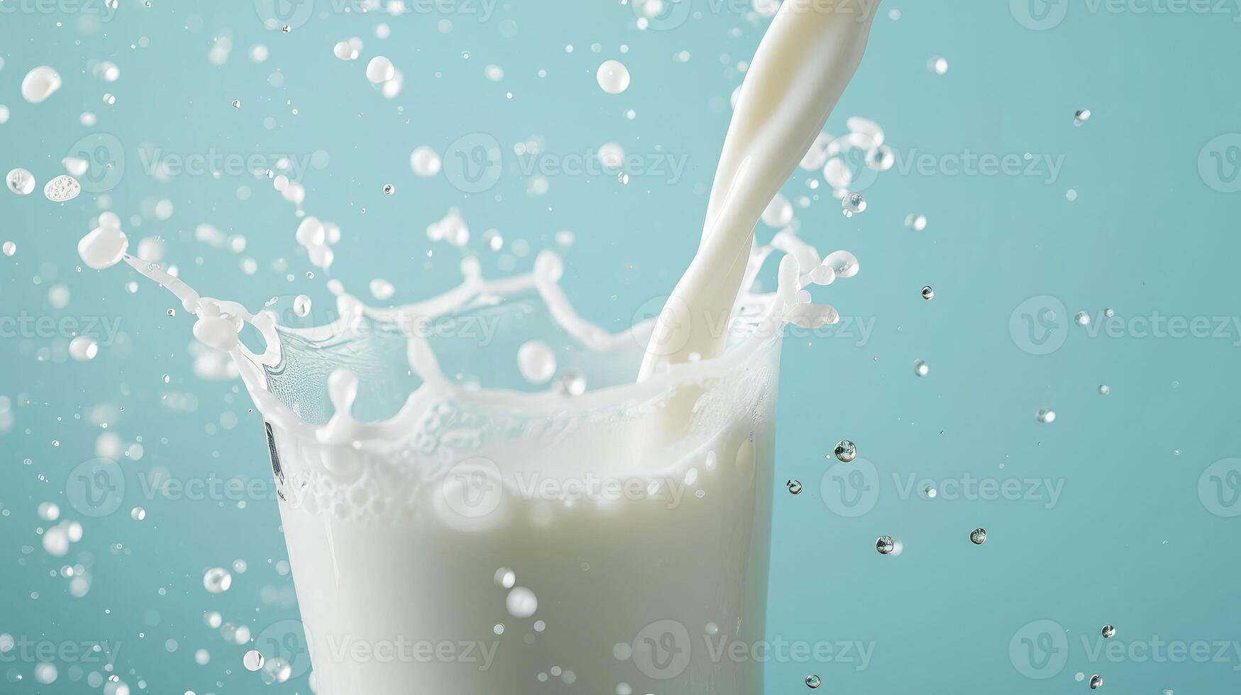 AI generated Pouring fresh milk into the glass with splashing on light blue background. photo