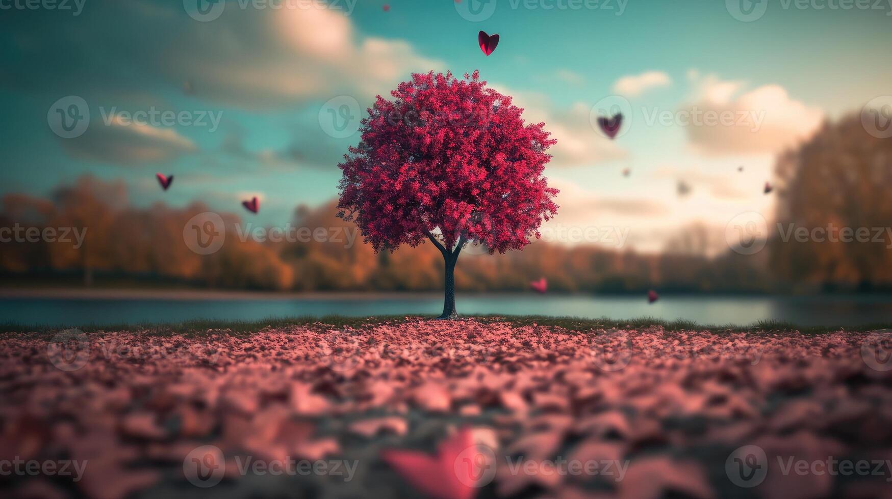 AI generated tree with leaves in the shape of red hearts, little hearts floating, photo