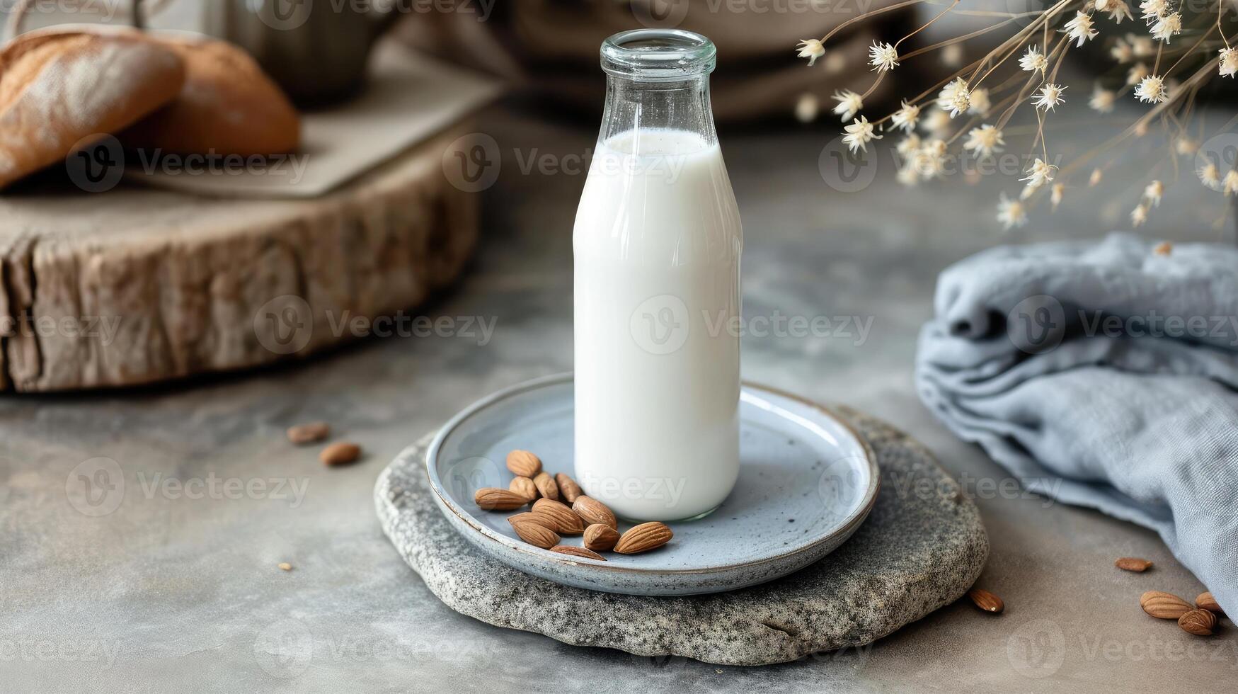 AI generated Organic almond milk in glass bottle near ceramic bowl with raw almonds on stone table in the kitchen ready for cooking photo