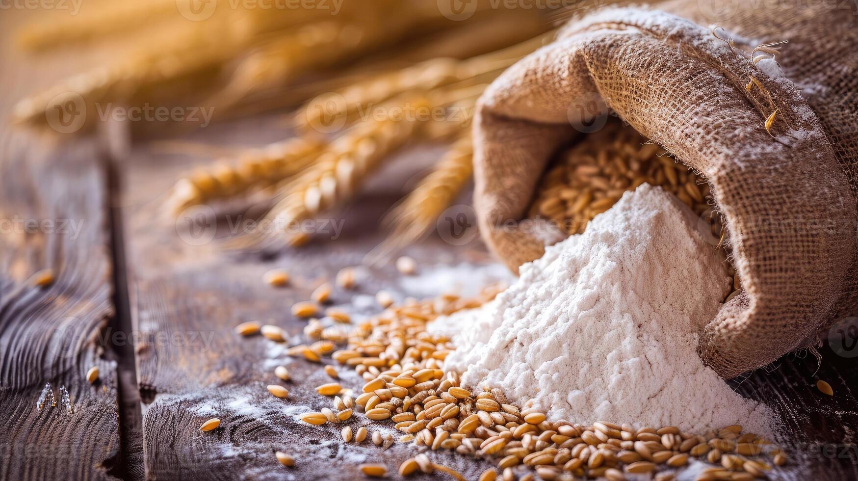 AI generated Organic Natural Whole Grain Flour in Sacks and wheat seeds Ears of wheat on an old wooden floor photo