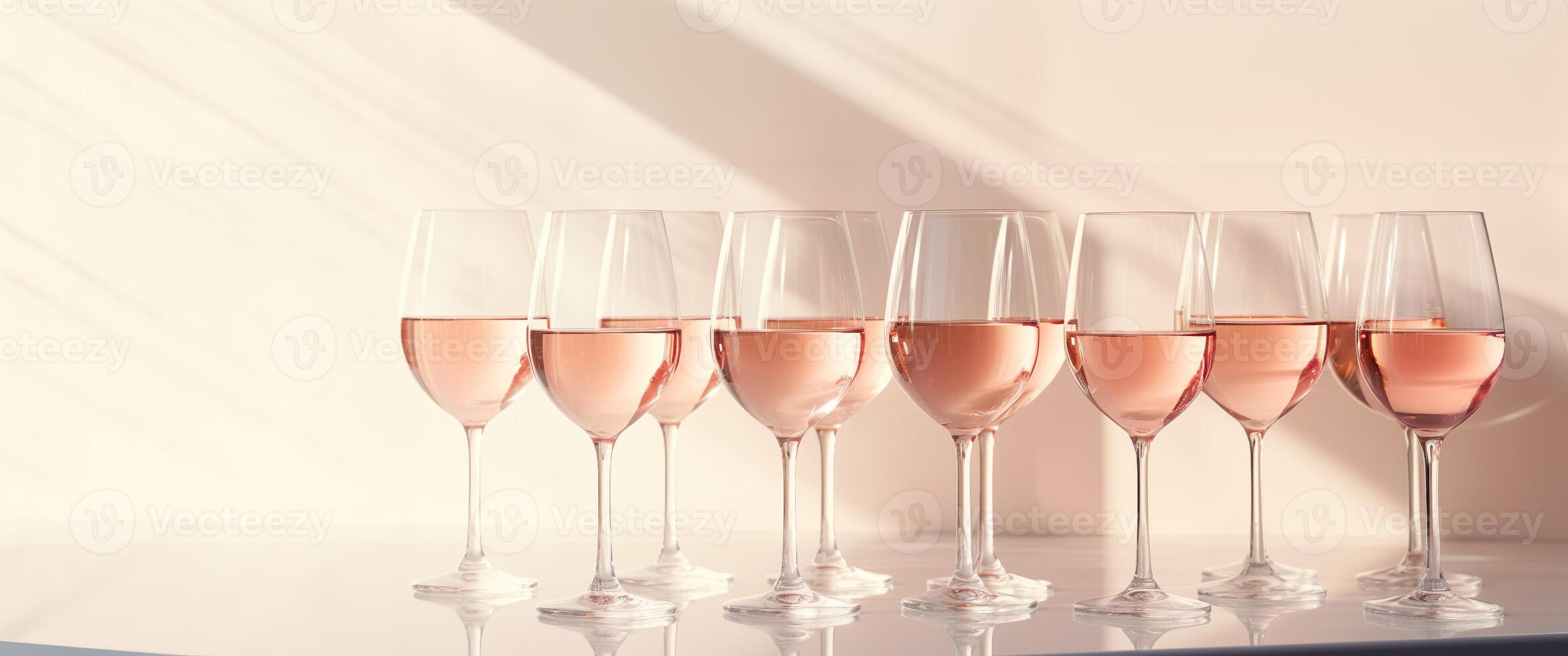 AI generated Group of glasses with white wine on a peach pink table. Minimalist trendy background with copy space. Sunlight and shadows. photo