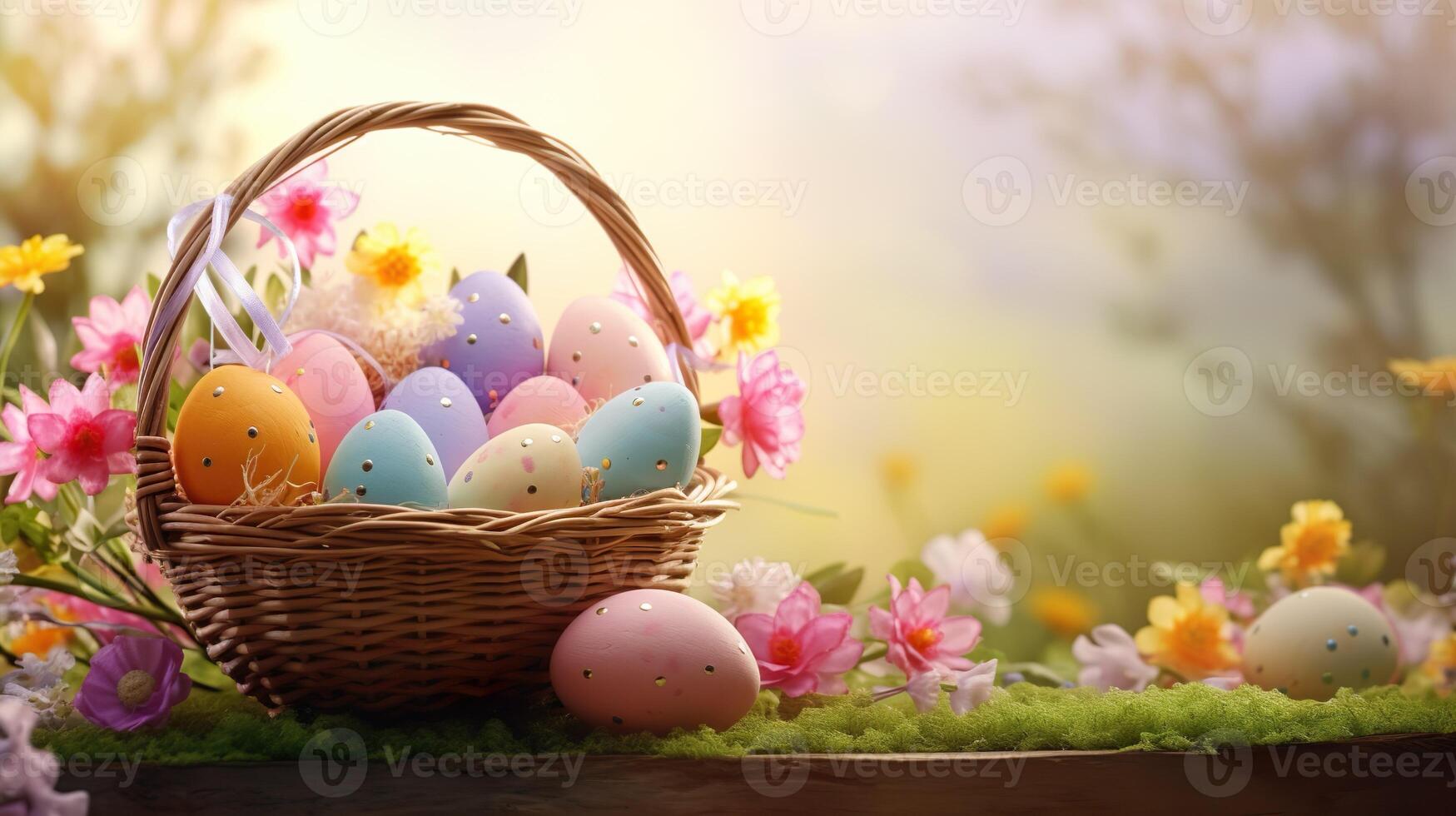 AI generated Beautiful pastel color Easter eggs and flowers in a basket with copy space. Colorful spring theme background. photo