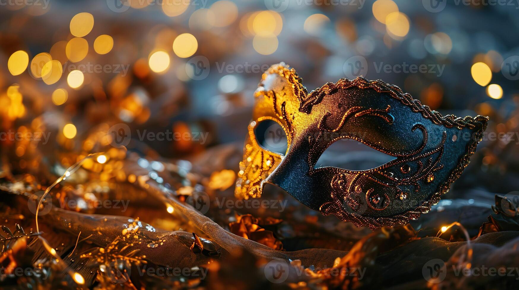 AI generated Golden Venetian carnival masquerade parade mask on blurred dark blue background with orange lights. Copy space. For costume festival celebration, invitation, promotion. photo