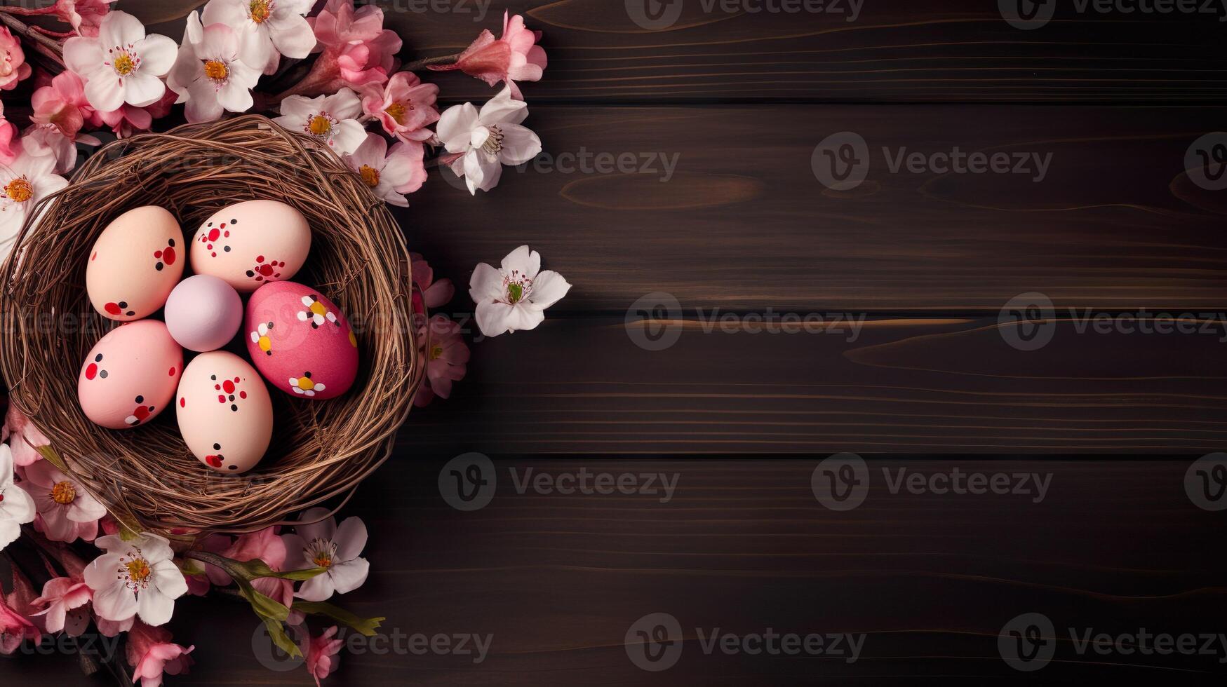 AI generated Beautiful bright color floral Easter eggs and flowers in a basket with copy space on a wooden table background. Colorful spring theme concept. photo