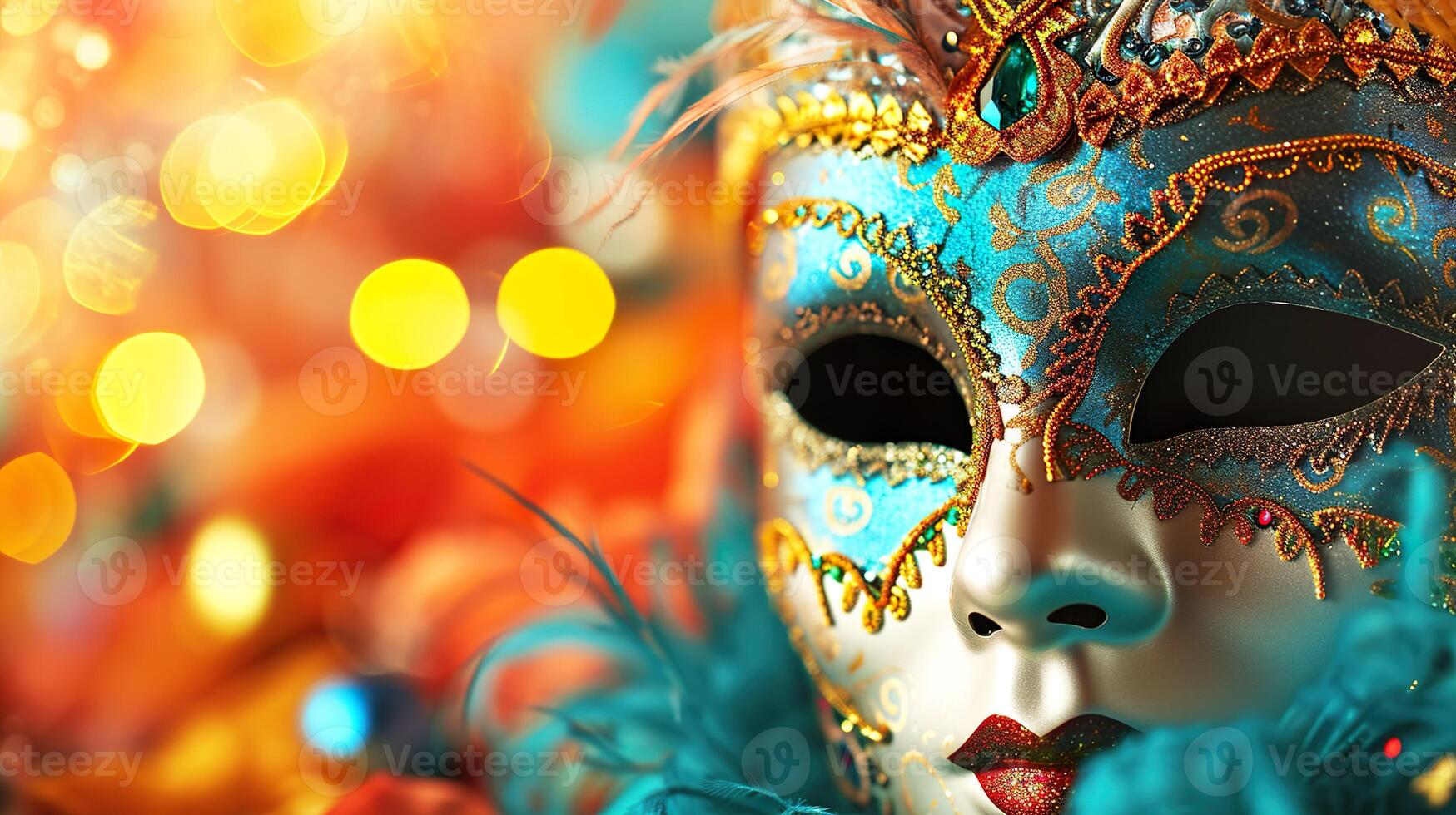 AI generated Carnival masquerade parade mask on blurred dark blue background with bokeh lights and garlands. Copy space. For Venetian costume festival celebration, invitation, promotion. photo