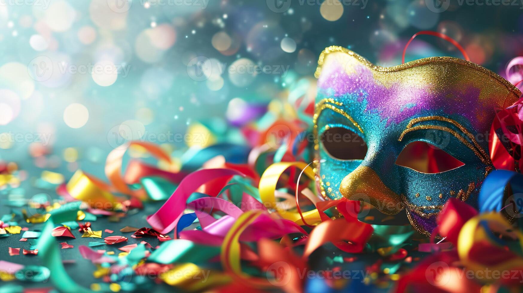 AI generated Carnival masquerade parade mask on a blurred dark blue background with colored ribbons and confetti. Copy space. For Venetian costume festival celebration, invitation, promotion. photo
