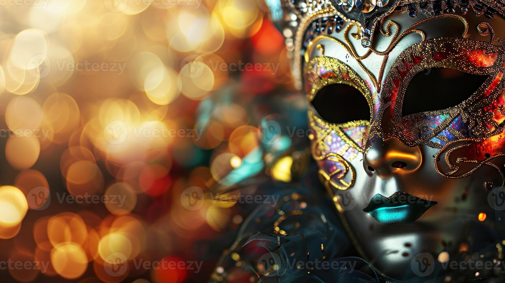 AI generated Colorful carnival masquerade parade mask on blurred dark blue background with bokeh lights. Copy space. For Venetian costume festival celebration, invitation, promotion. photo