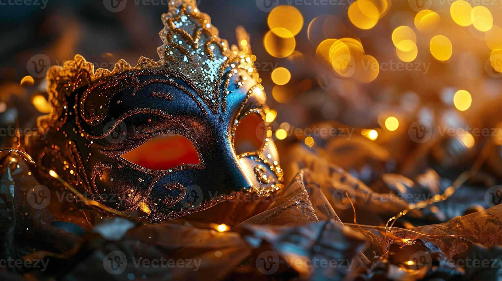 AI generated Closeup of blue and golden carnival masquerade parade mask on blurred dark blue background with orange lights. Copy space. For costume festival celebration, invitation, promotion. photo