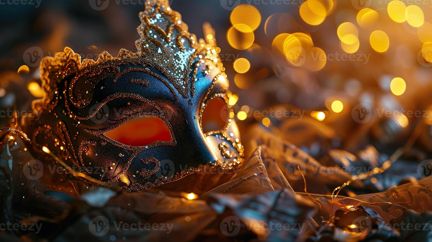 ai generado de cerca de azul y dorado carnaval mascarada desfile máscara en borroso oscuro azul antecedentes con naranja luces. Copiar espacio. para disfraz festival celebracion, invitación, promoción. foto