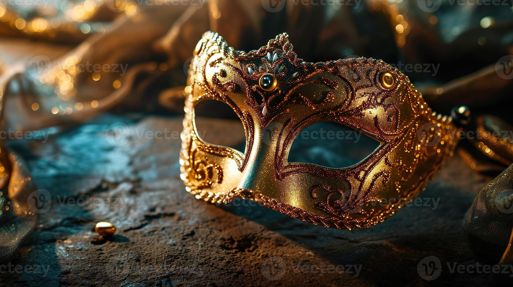 AI generated Golden Venetian carnival masquerade parade mask on blurred dark blue background with orange lights. Copy space. For costume festival celebration, invitation, promotion. photo