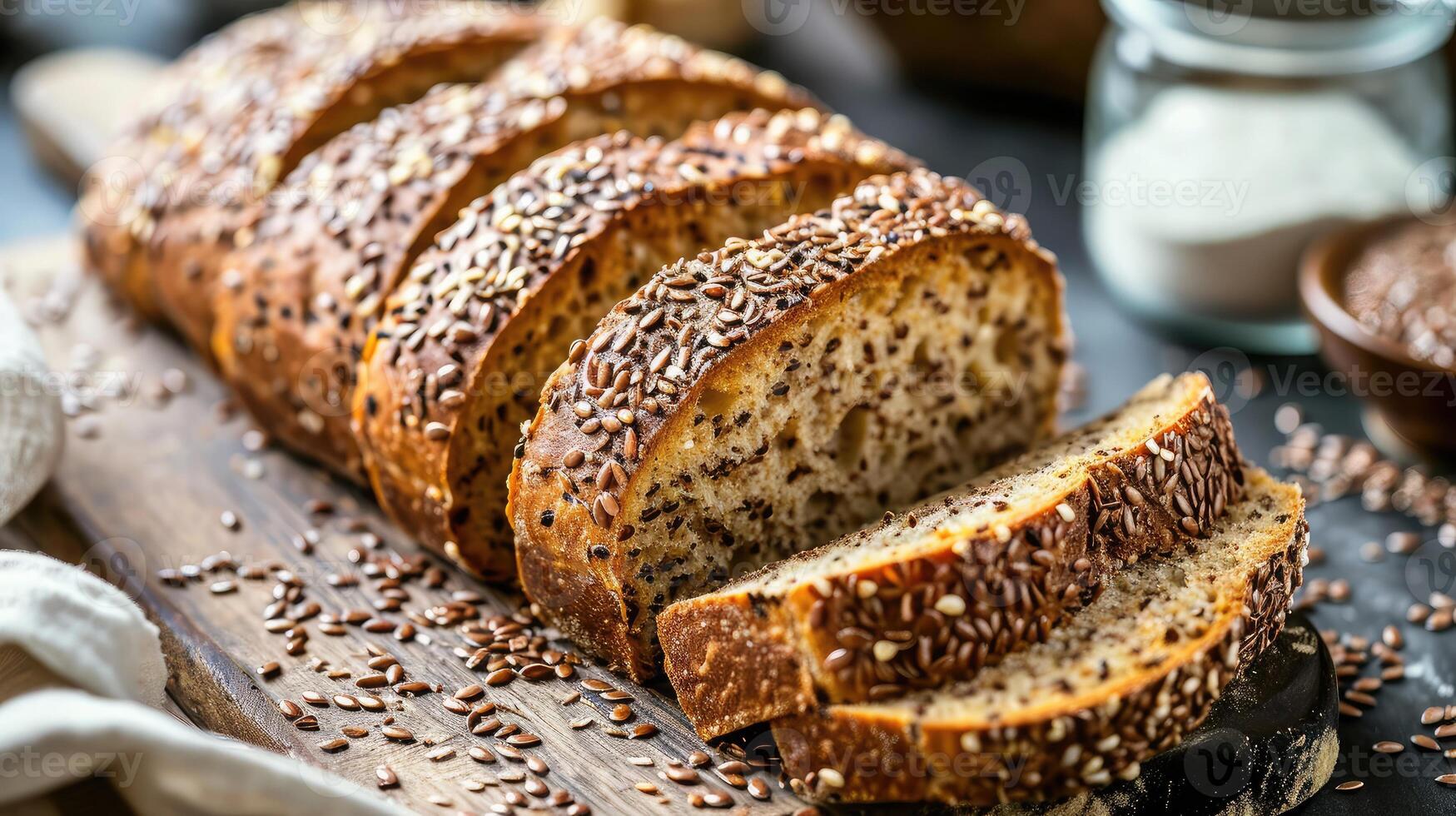AI generated Multi grain sourdough bread with flax seeds cut on a wooden board, closeup view. Healthy vegan bread choice photo