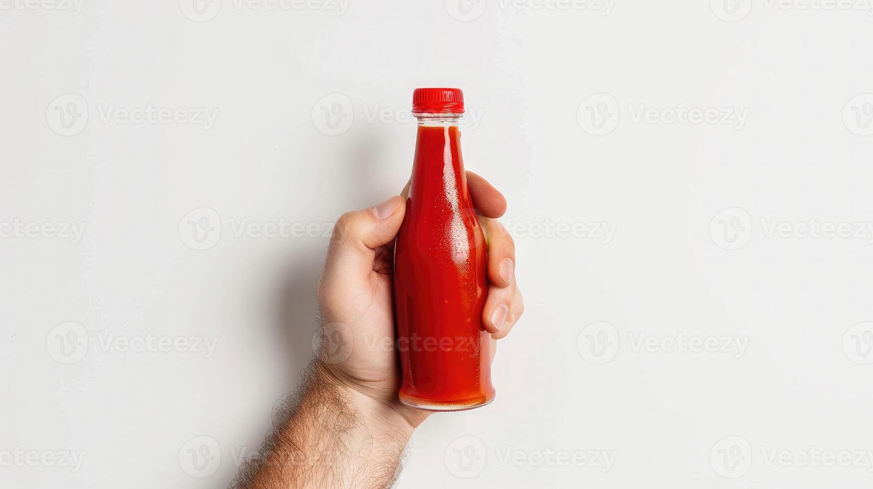 AI generated Hand holding ketchup bottle upside down and squeezing on white background photo