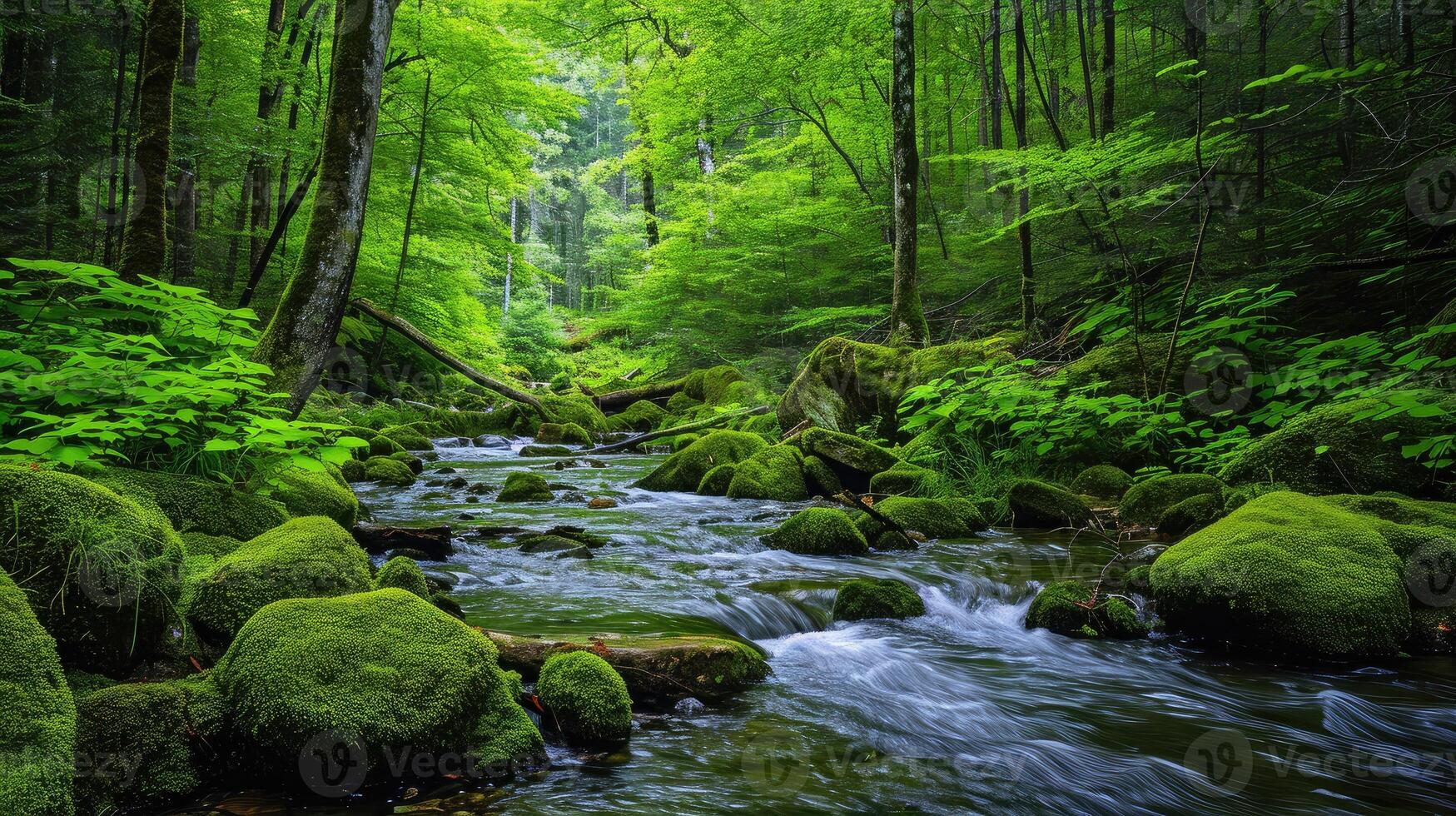 ai generado tranquilo bosque y corriente paisaje con cubierto de musgo rocas foto