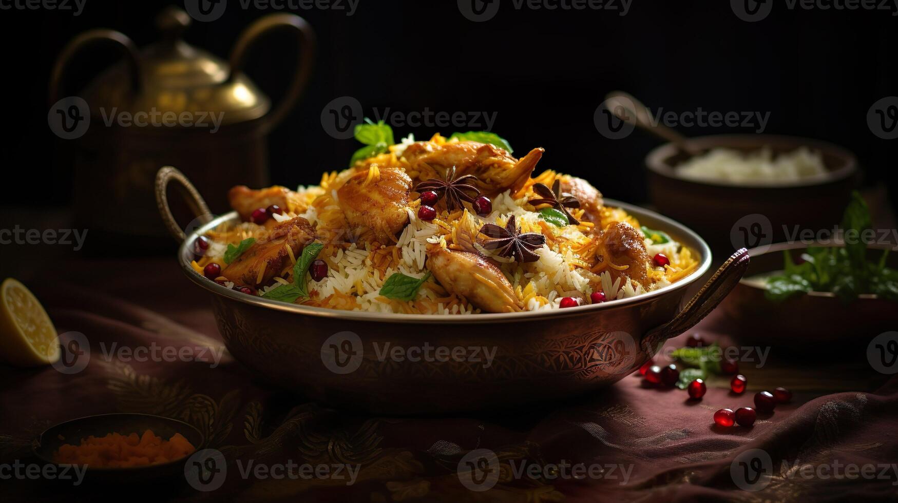 AI generated Spicy chicken biryani cuisine in a shiny silver bowl, authentic Indian food, serving fancy food in a restaurant. photo