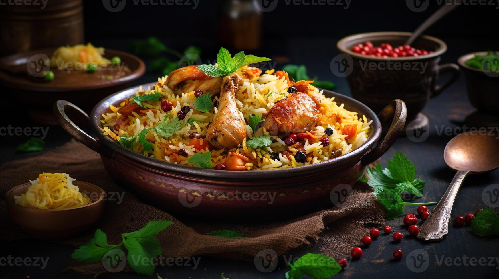 AI generated Chicken biryani in a shiny silver bowl, Spicy curry and aromatic flavors, authentic Indian food, serving fancy food in a restaurant. photo