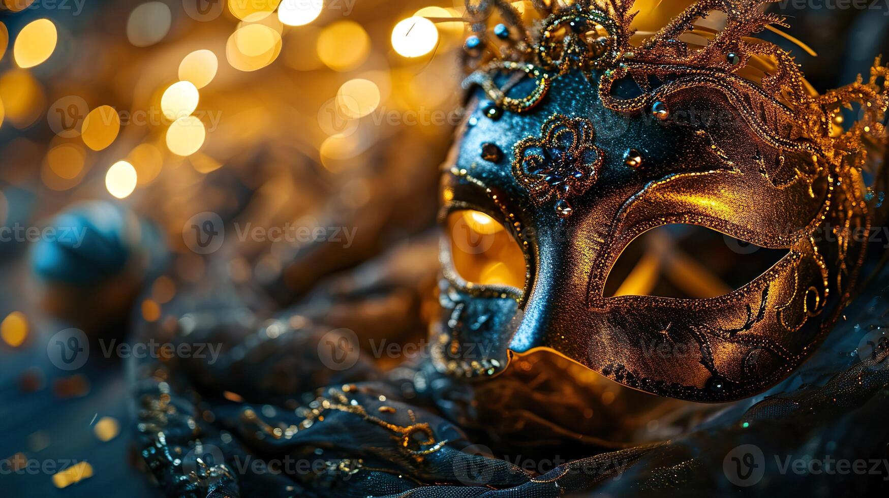 AI generated Closeup of blue and golden carnival masquerade parade mask on blurred dark blue background with orange lights. Copy space. For costume festival celebration, invitation, promotion. photo