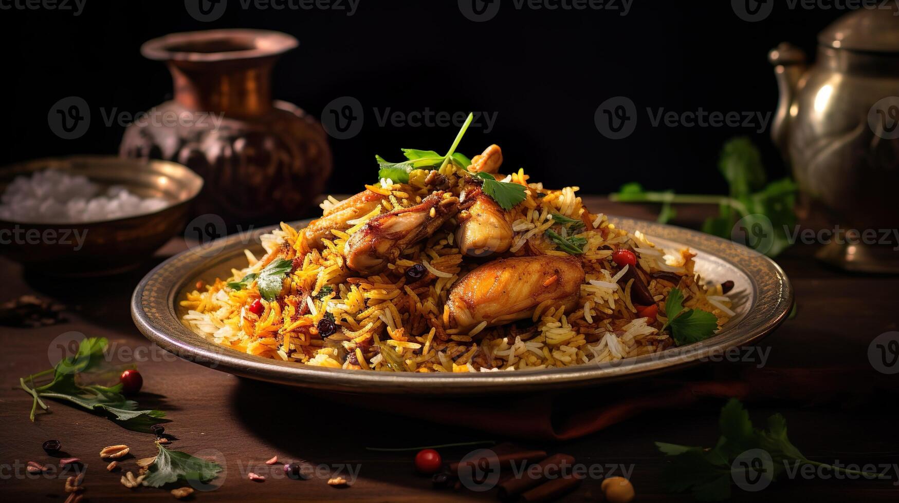 AI generated Close up of rice chicken biryani, Spicy curry and aromatic flavors, authentic Indian food, serving fancy food in a restaurant. photo