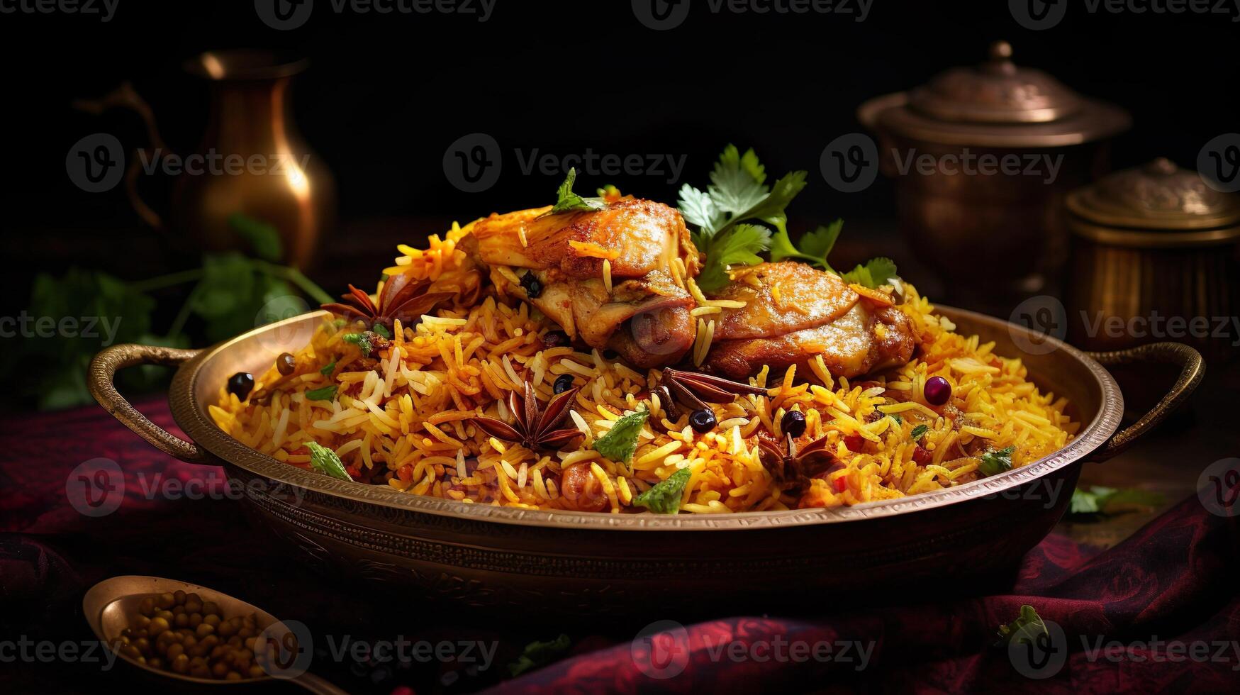 AI generated Chicken biryani in a shiny silver bowl, Spicy curry and aromatic flavors, authentic Indian food, serving fancy food in a restaurant. photo