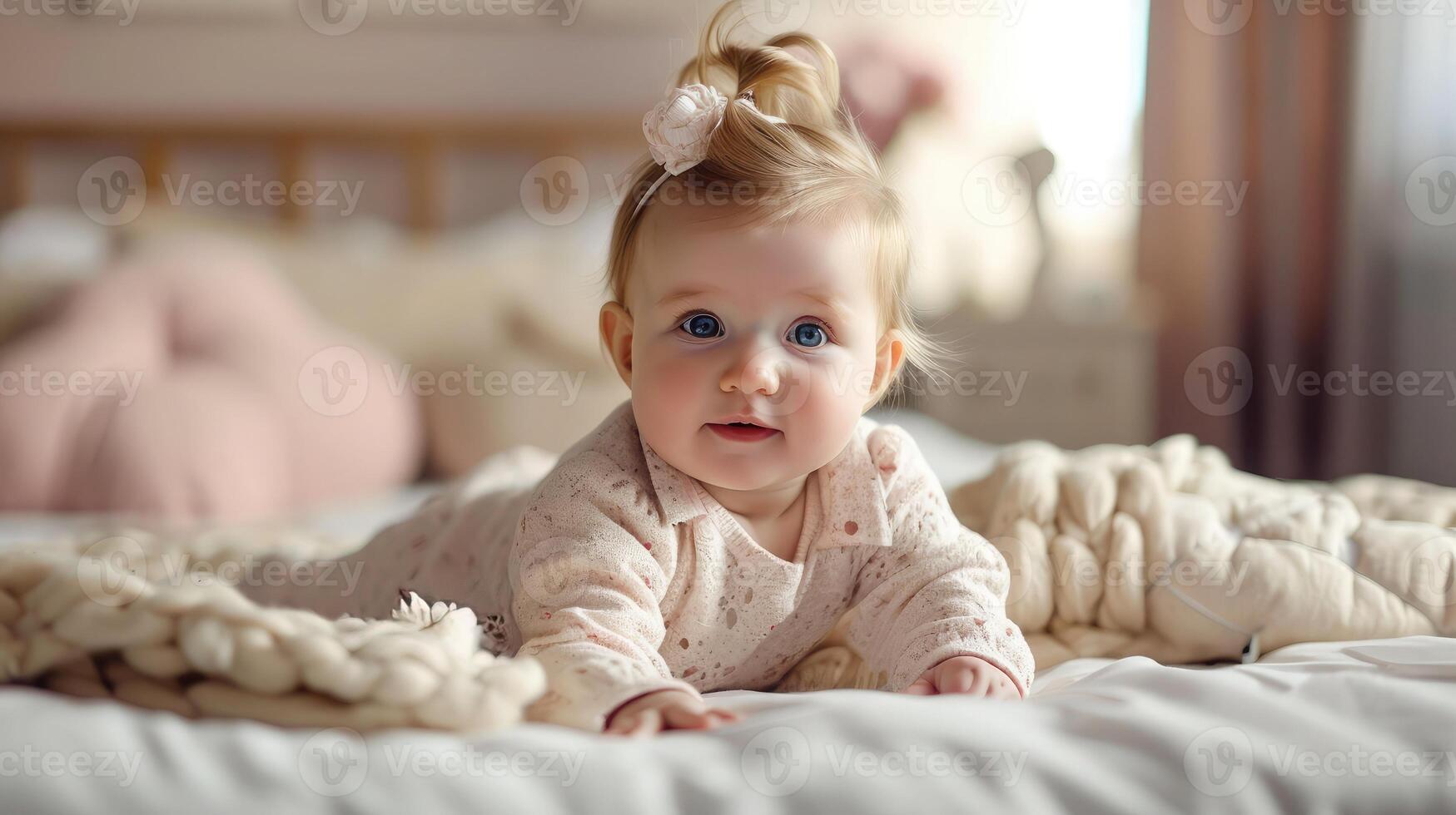 ai generado linda adorable bebé niña acostado en el cama foto