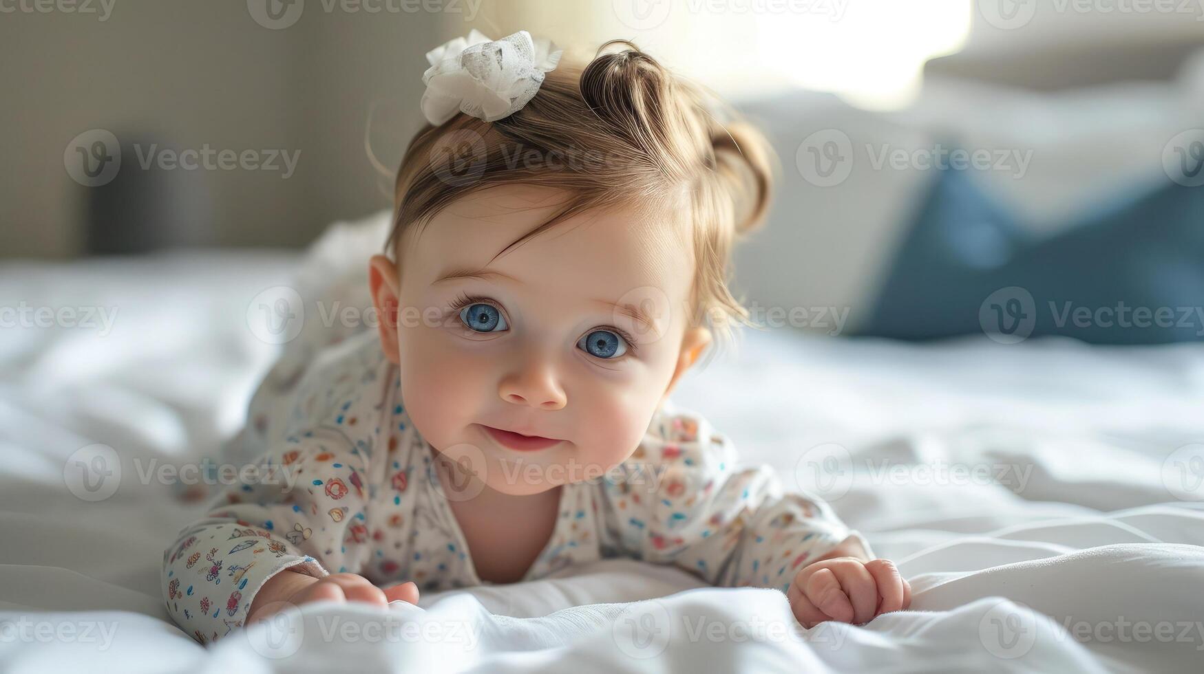 AI generated Cute adorable baby girl lying on the bed photo