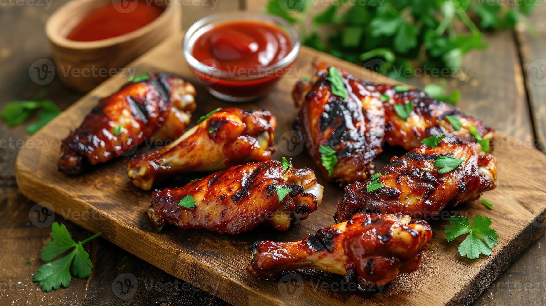 AI generated Grilled chicken wings with ketchup and sauces on a wooden board. Traditional baked bbq photo