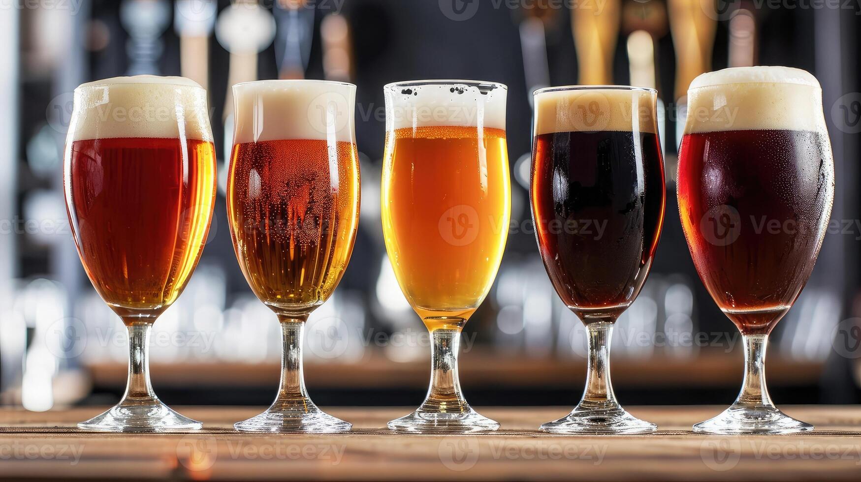 AI generated Glasses with different sorts of craft beer on wooden bar. Tap beer in pint glasses arranged in a row. Closeup of five glasses of different types of draught beer photo