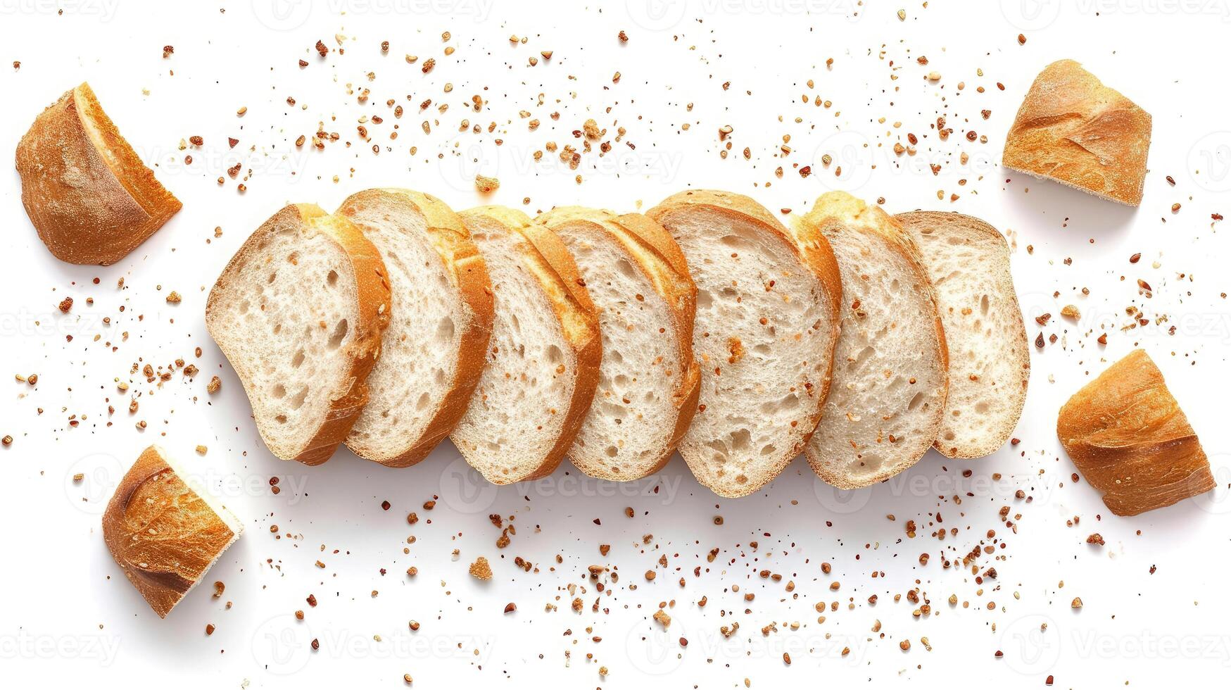 AI generated Sliced bread isolated on a white background. Bread slices and crumbs viewed from above. Top view photo