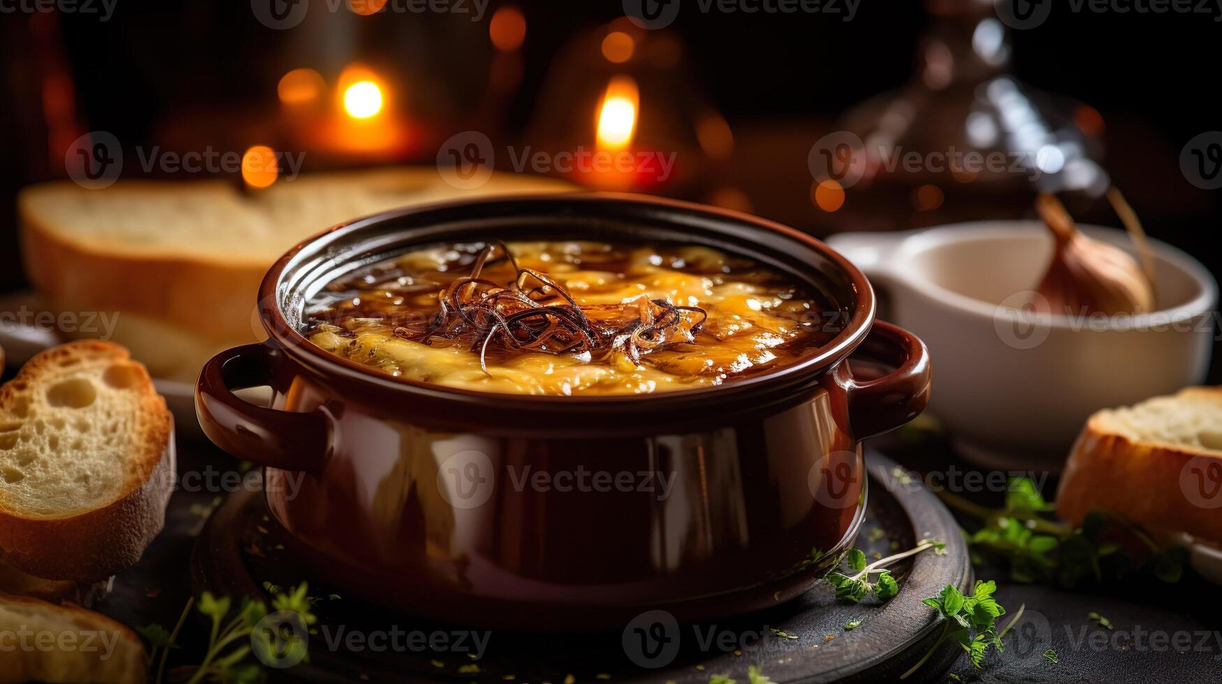 AI generated Homemade French onion soup with toasted baguette, melted cheese on the wooden table background. Serving fancy vegetarian food in a restaurant. photo