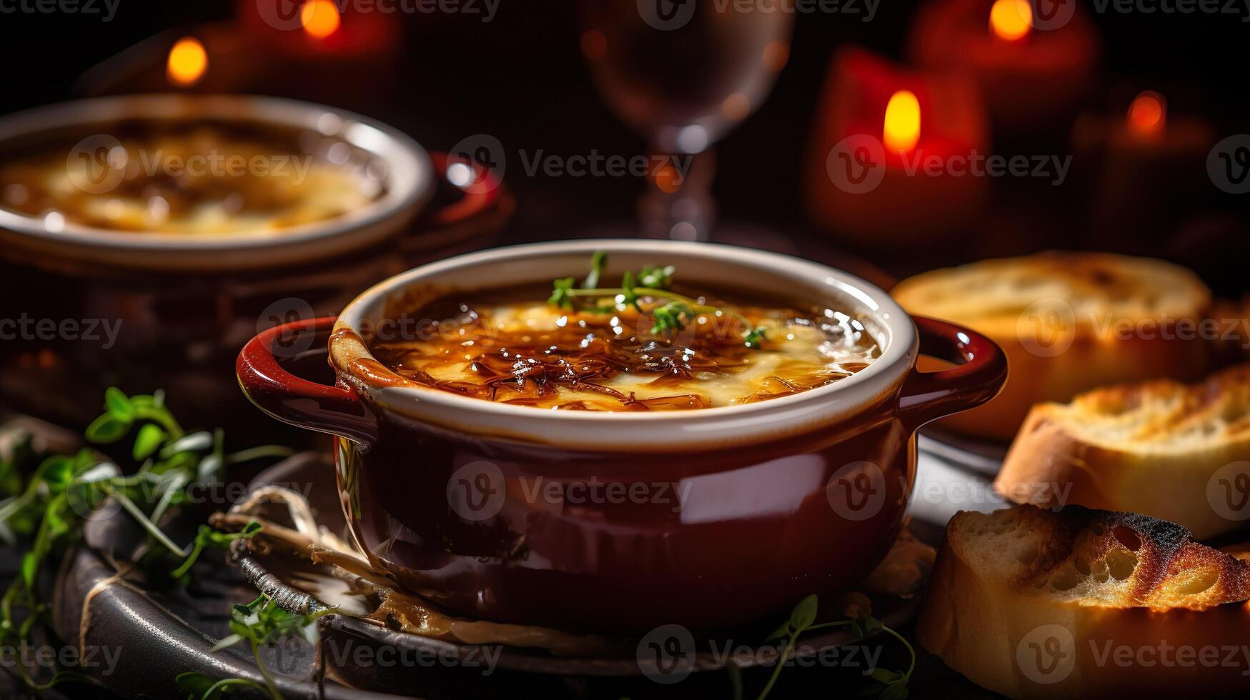 AI generated Classic French onion soup with grated cheese, toasted baguette and parsley on the wooden table background. Serving fancy vegetarian food in a restaurant. photo