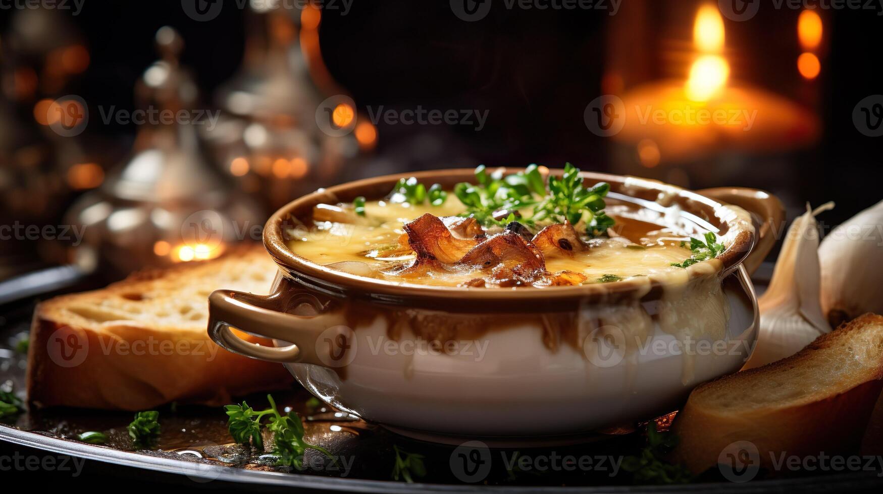 AI generated Homemade French onion soup with toasted baguette, melted cheese on the wooden table background. Serving fancy vegetarian food in a restaurant. photo