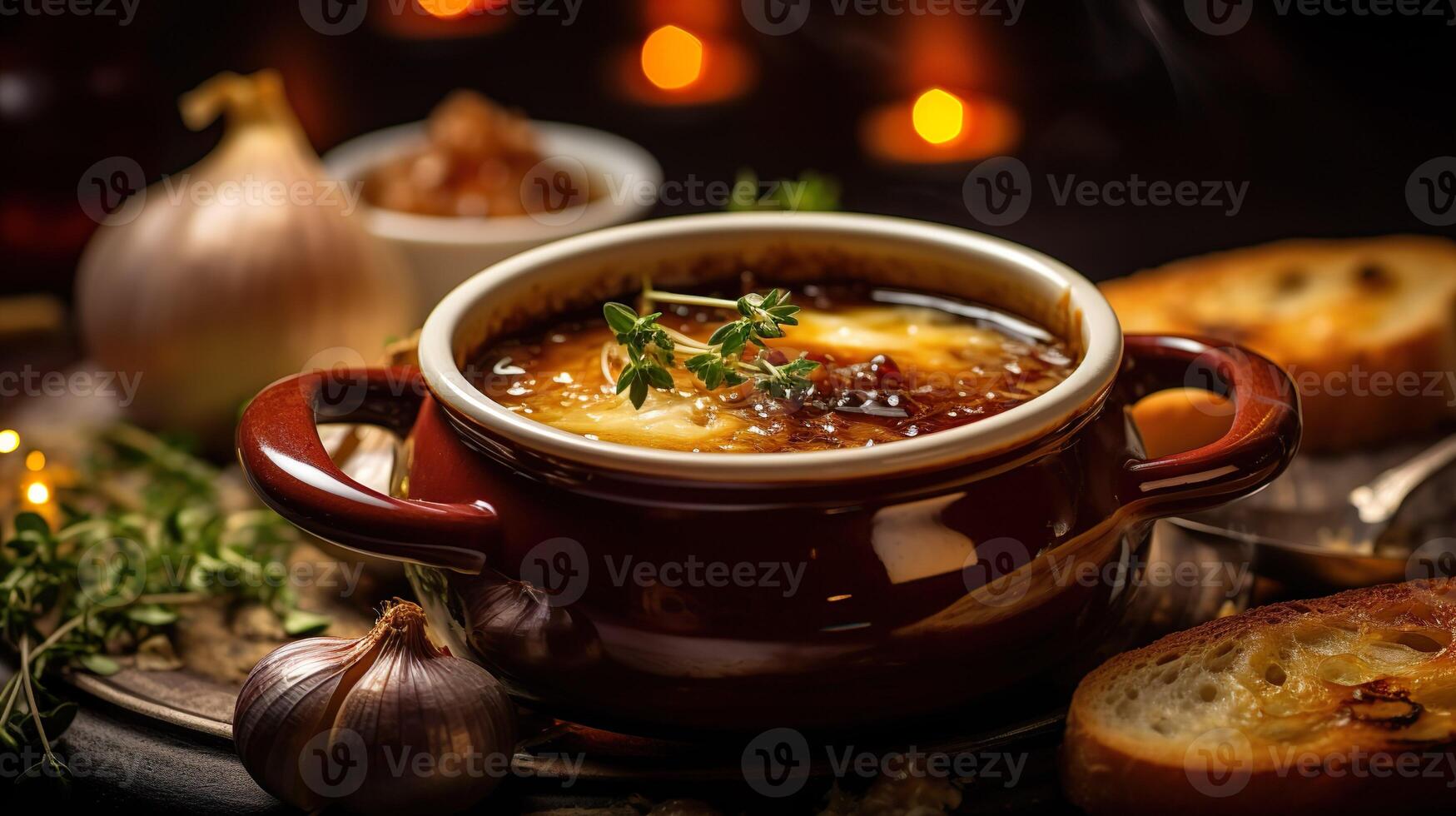 AI generated Classic french onion soup with grating cheese and parsley. Served with toasted baguette on the wooden table background. Serving fancy vegetarian food in a restaurant. photo