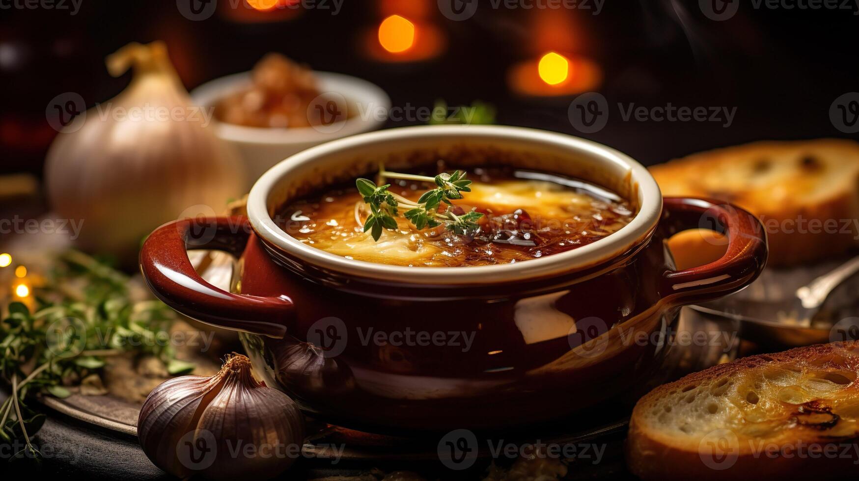 ai generado clásico francés cebolla sopa con rejilla queso y perejil. servido con tostado junquillo en el de madera mesa antecedentes. servicio lujoso vegetariano comida en un restaurante. foto