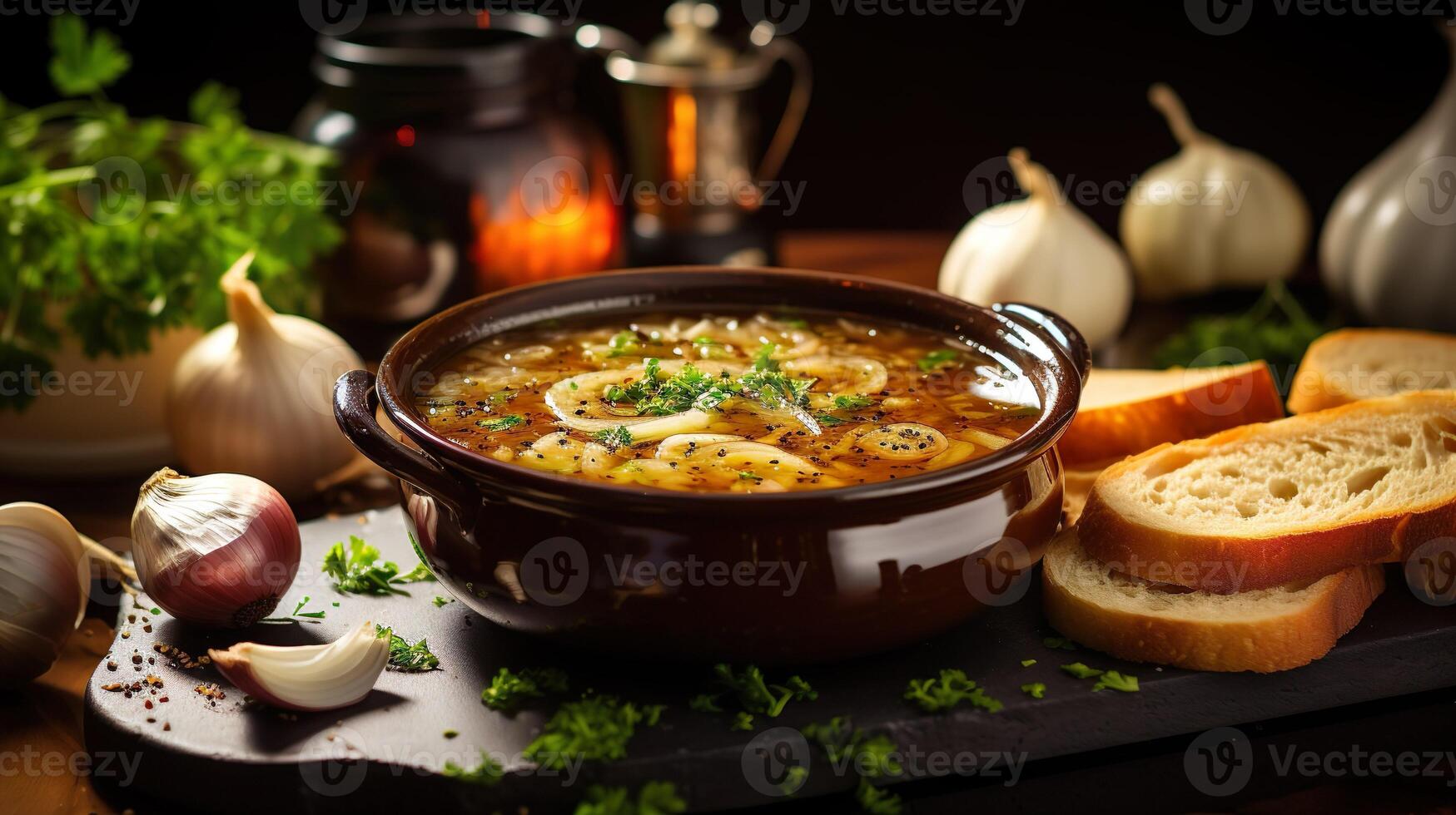 AI generated Classic French onion soup with grated cheese, toasted baguette and parsley on the wooden table background. Serving fancy vegetarian food in a restaurant. photo