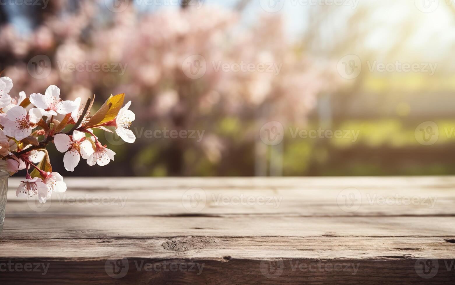 AI generated Beautiful blooming spring flowers branches background. Wooden table, display with copy space for product presentation. photo