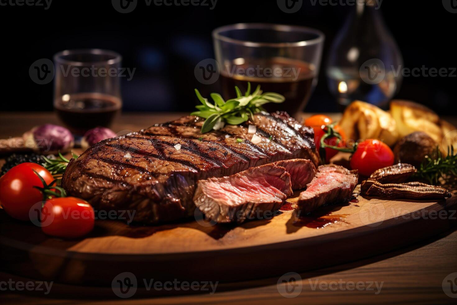 AI generated Perfectly grilled medium rare ribeye steak served on a platter and paired with roasted vegetables and a glass of red wine. photo