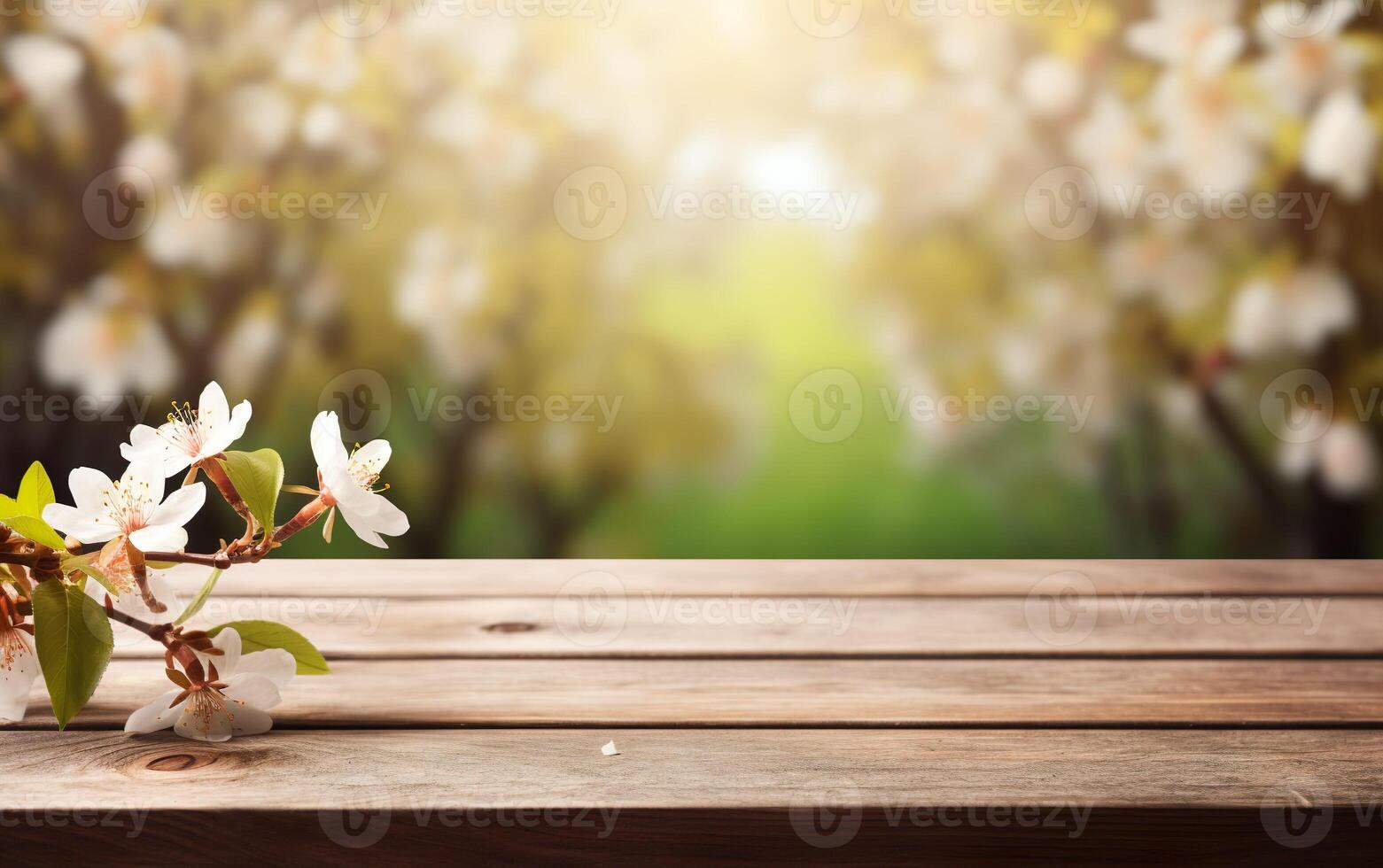 AI generated Beautiful blooming spring flowers branches background. Wooden table, display with copy space for product presentation. photo