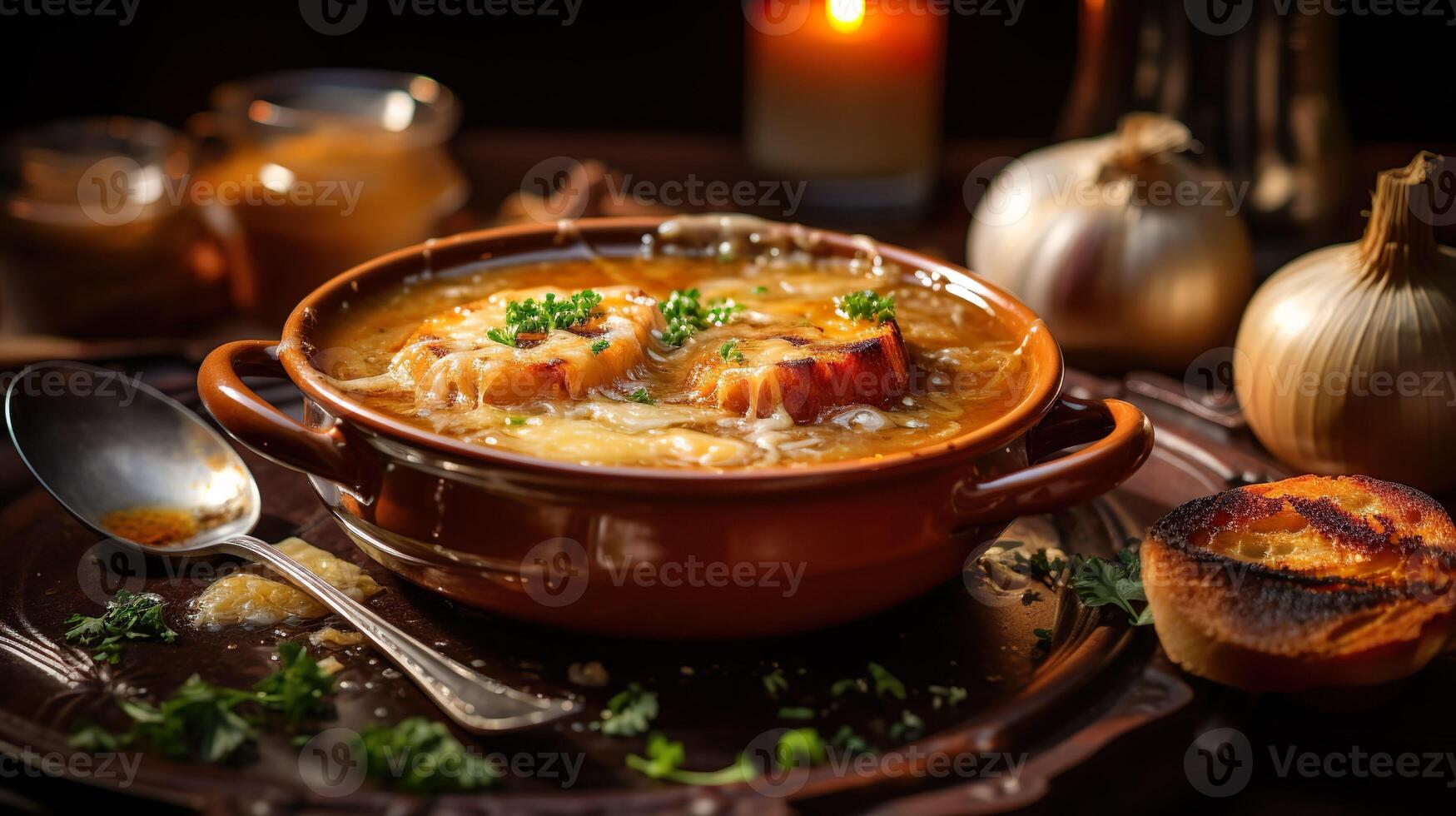 AI generated Classic French onion soup with grated cheese, toasted baguette and parsley on the wooden table background. Serving fancy vegetarian food in a restaurant. photo