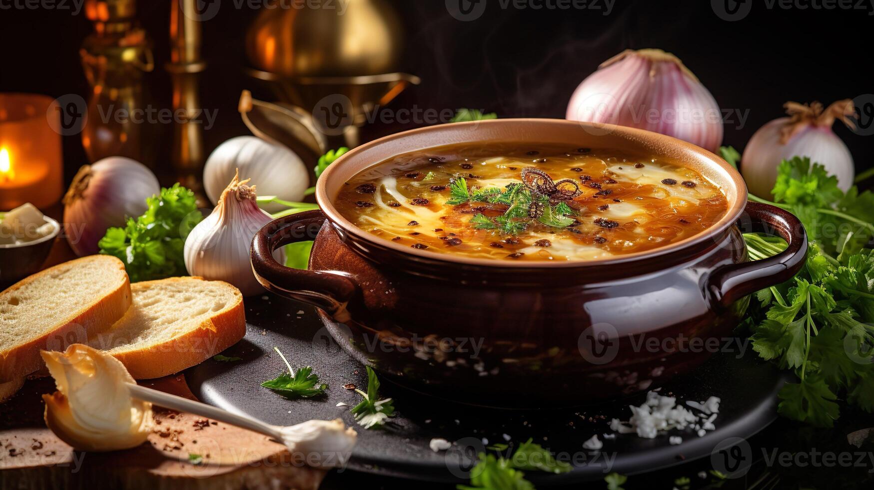 AI generated Homemade French onion soup with toasted baguette, melted cheese on the wooden table background. Serving fancy vegetarian food in a restaurant. photo