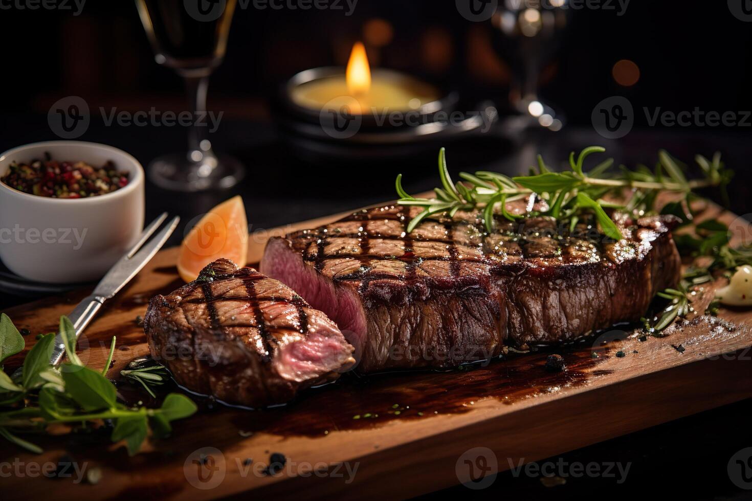 AI generated Close up of gourmet grilled steak with sauce and roasted vegetables on a wooden board. Serving fancy food in a restaurant. photo