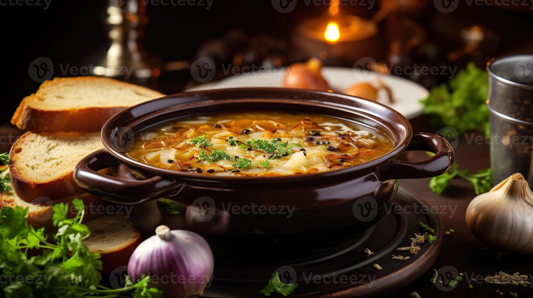 AI generated Classic french onion soup with grating cheese and parsley. Served with toasted baguette on the wooden table background. Serving fancy vegetarian food in a restaurant. photo