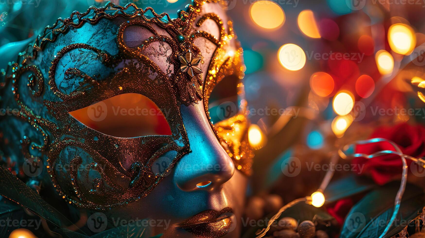 AI generated Carnival masquerade parade mask on blurred dark blue background with bokeh lights and garlands. Copy space. For Venetian costume festival celebration, invitation, promotion. photo