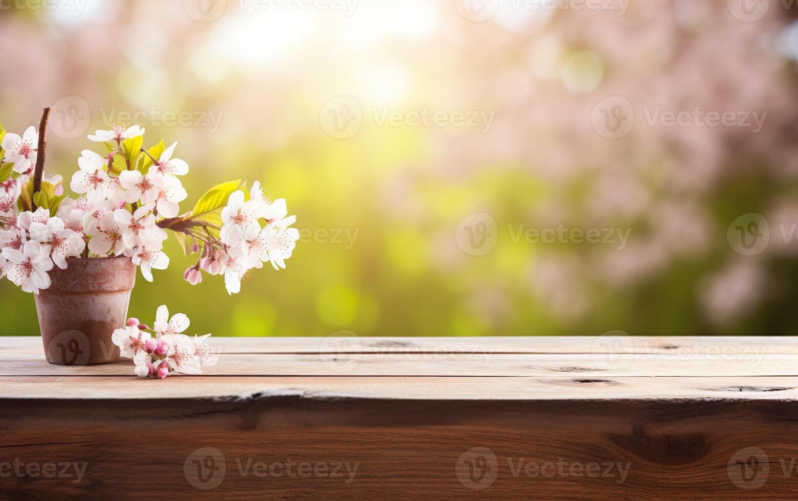 AI generated Empty wooden table, display with spring nature theme background. Beautiful blooming cherry branches. Copy space for product presentation, showcase. AI Generative photo