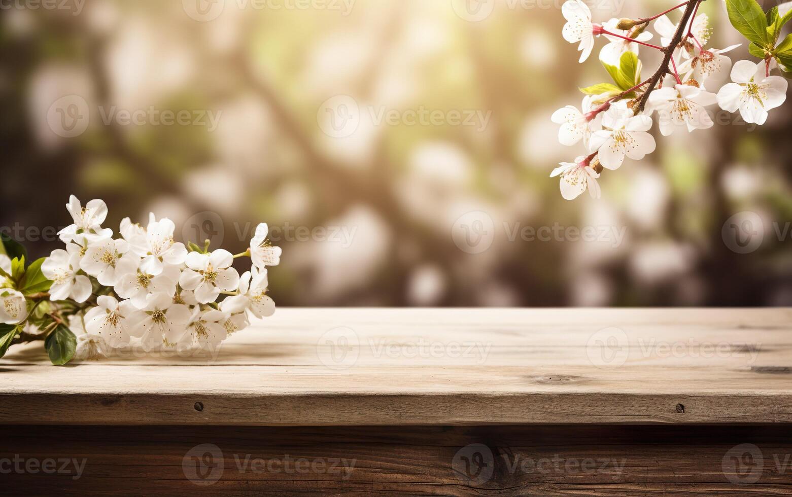 AI generated Empty wooden table, display with spring nature theme background. Beautiful blooming cherry branches. Copy space for product presentation, showcase. photo