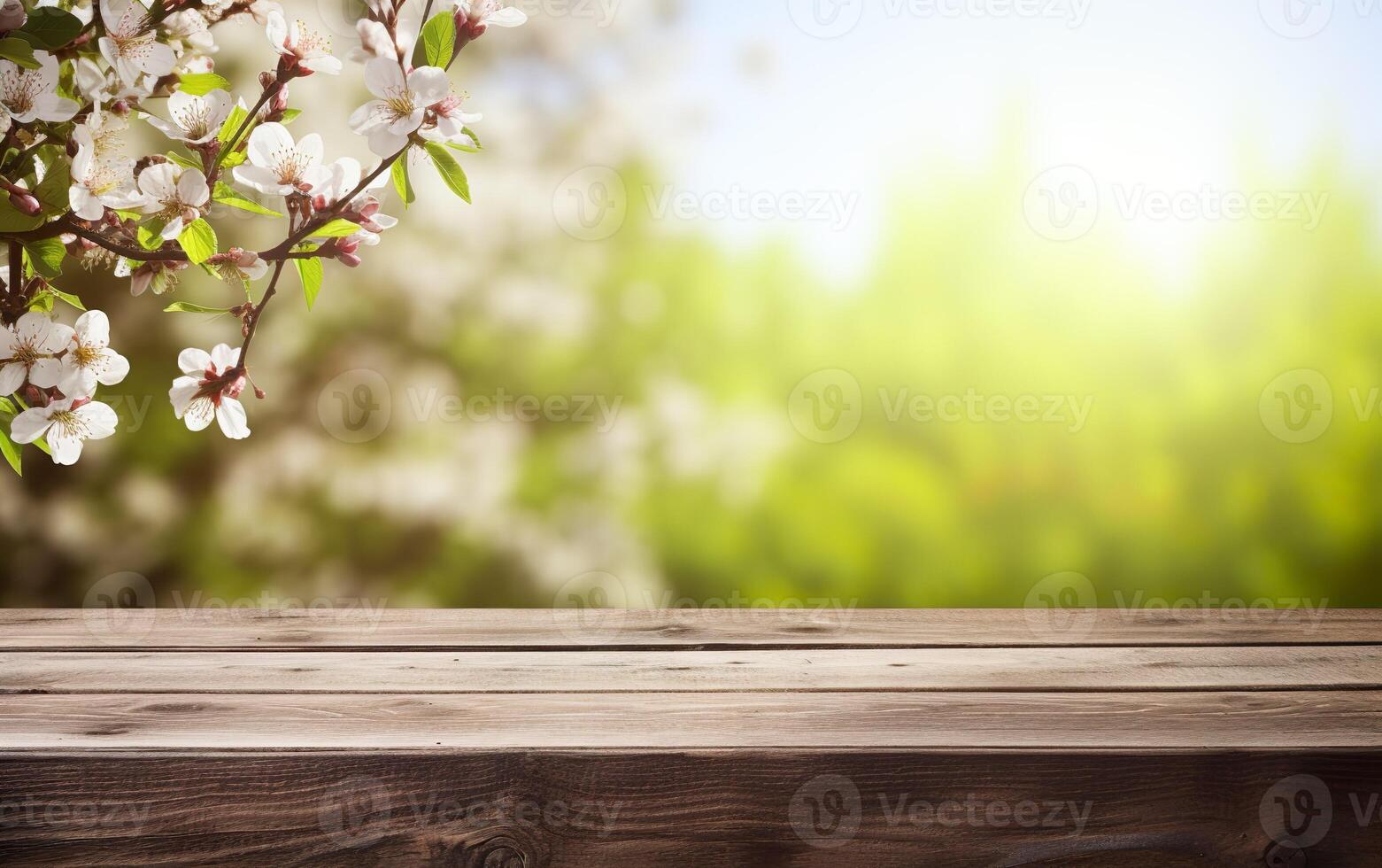 AI generated Empty wooden table, display with blurred blooming cherry branches background. Spring nature and flowers theme concept. Copy space for product presentation, showcase. photo