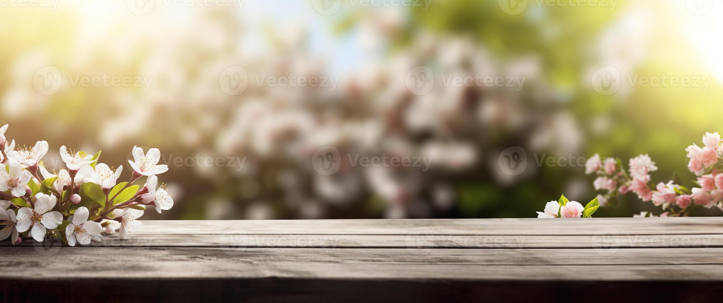 AI generated Beautiful blooming spring flowers branches background. Wooden table, display with copy space for product presentation. Wide banner. photo